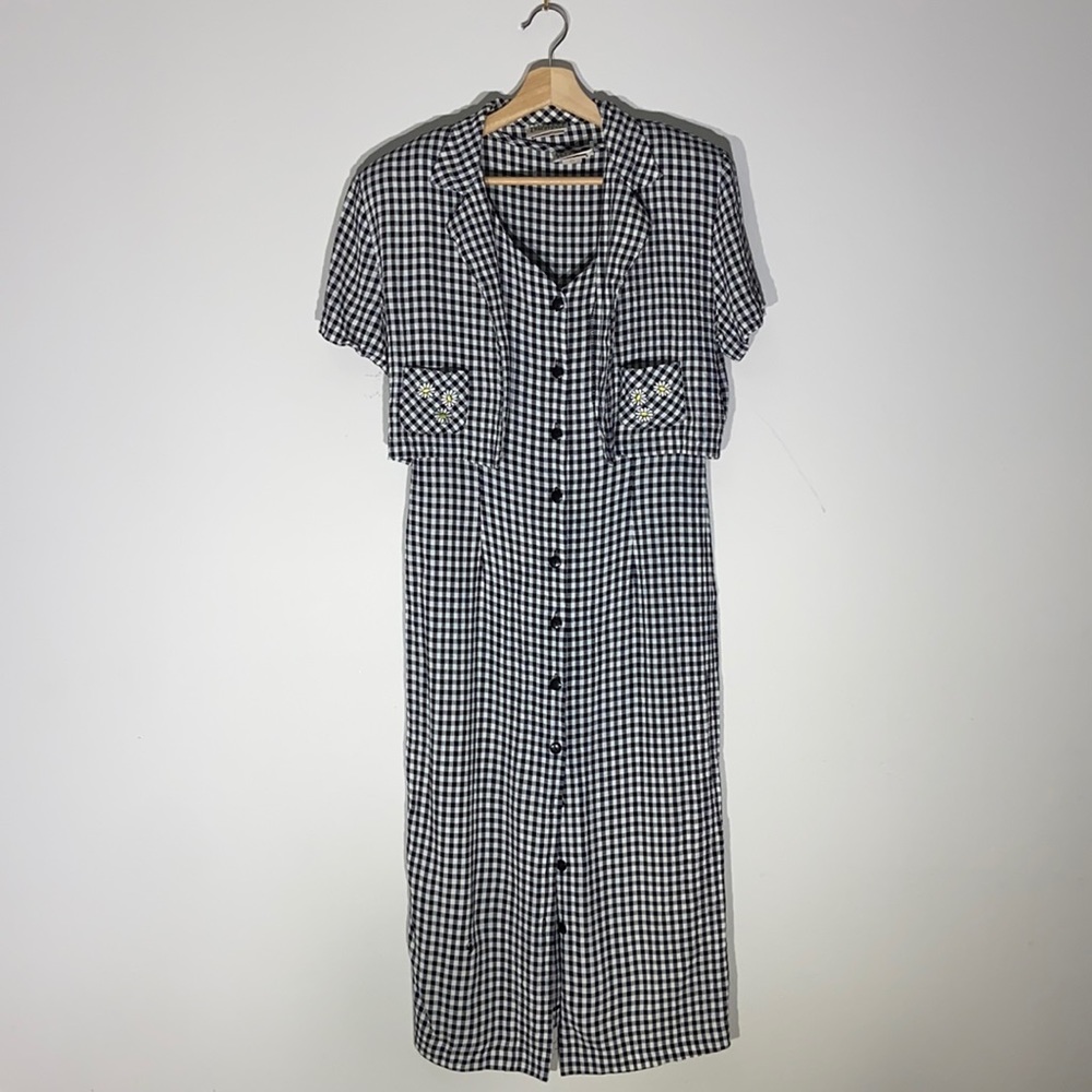 Vintage Two Piece Set Gingham Print Maxi Tank Dress w/ Floral Embroidery